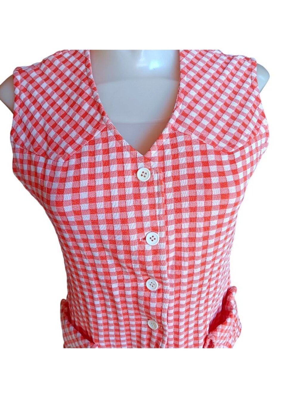 True Vintage Medium Top Granny Western Red White Gingham Sleeveless Blouse 70's